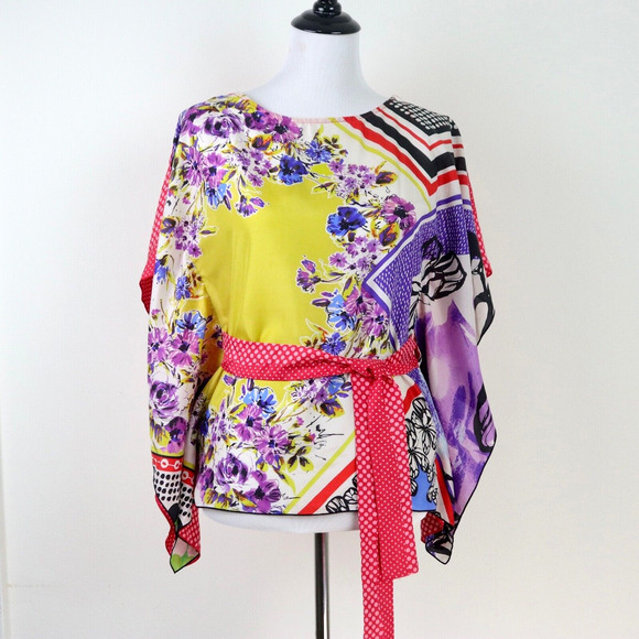 Cabi Size S Silk Butterfly Flower Tie Waist Kimono Top Novelty Print - Picture 4 of 10